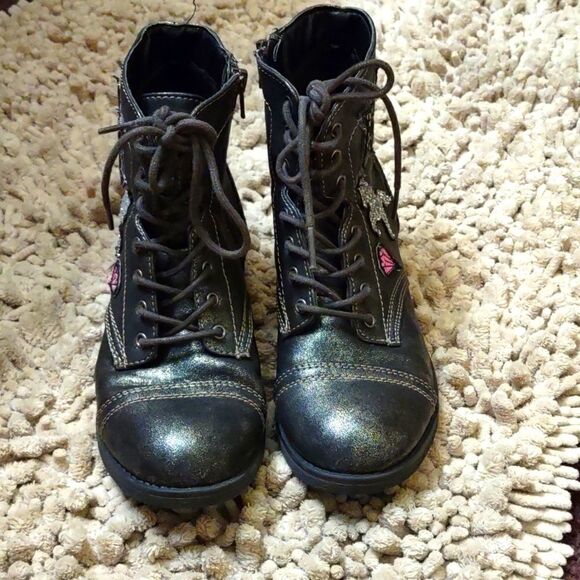 New Justice Black Gray Size 6 Boot zip tie‎ metallic unicorn star diamond - Picture 2 of 7